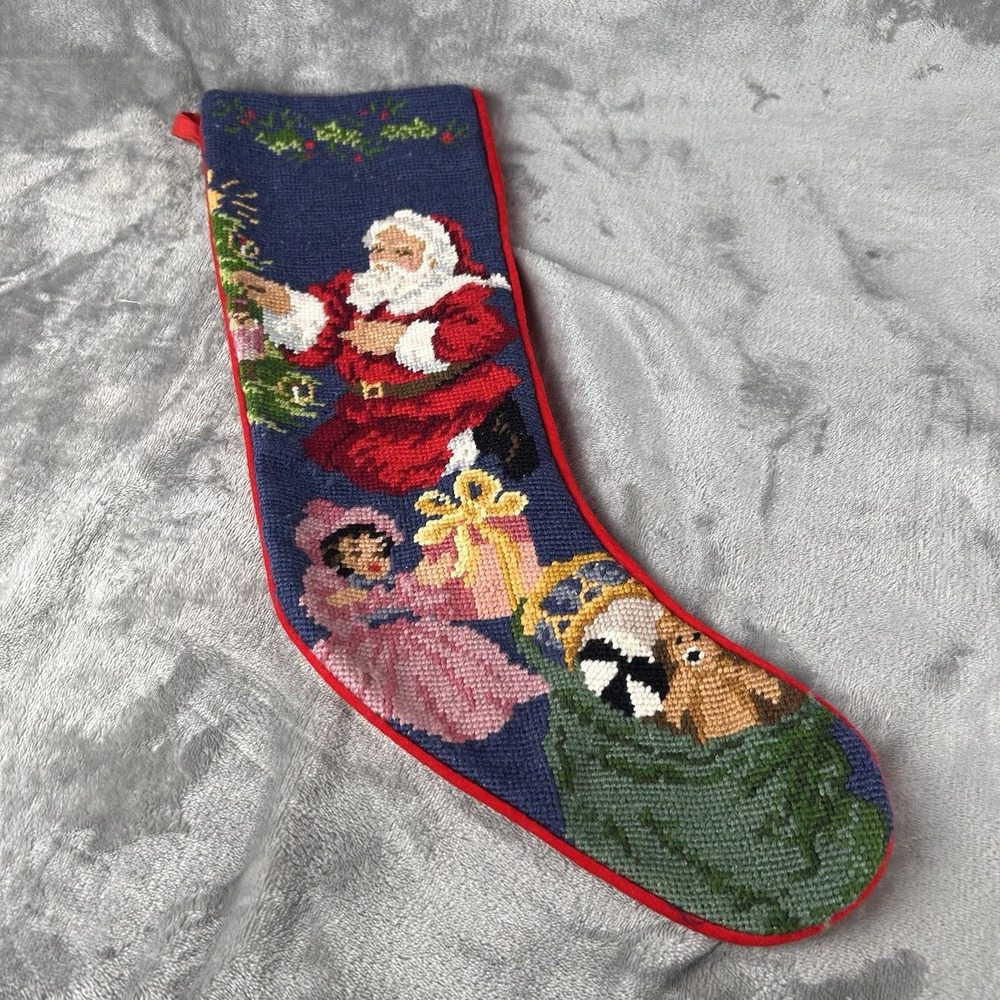 Vintage Needlepoint Christmas Stocking Wool Handmade Santa Doll Presents Toys